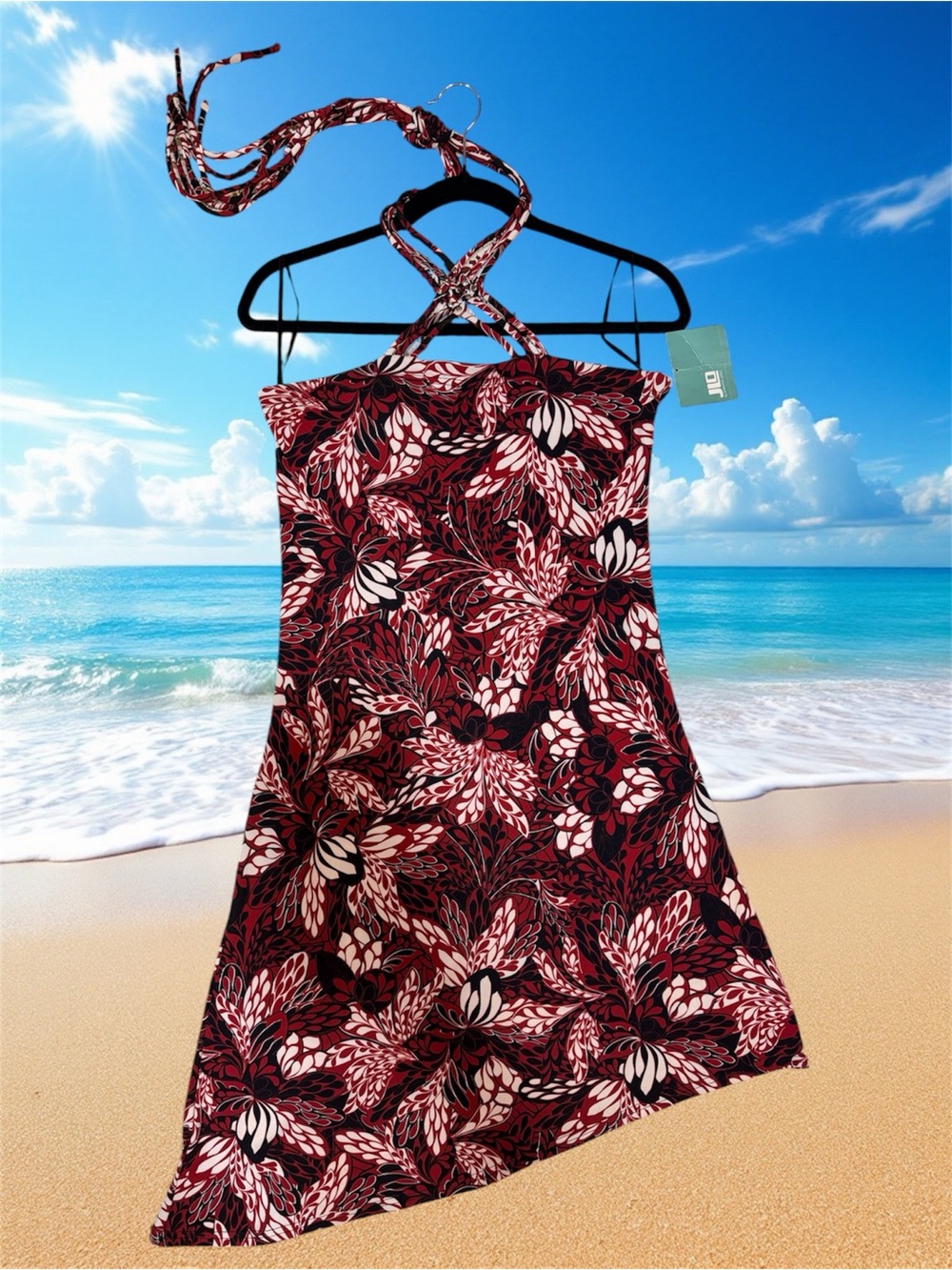 NWT JLO Jennifer Lopez Red Black White Floral Halter Neck Dress XL Y2K Vintage
